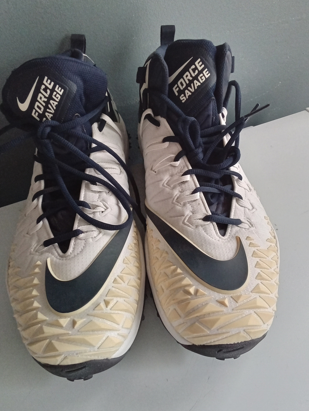 Nike Force Savage Pro Football Cleats White Navy Blue Mid‎ Top Mens Shoes